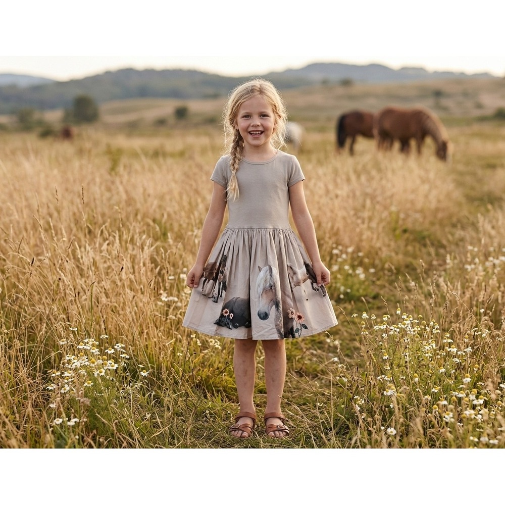 Molo Horse Print Dress Girls Size 4T Taupe Excellent Short Sleeve Pleated Dress